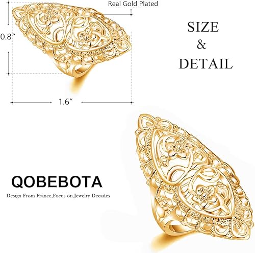 Miniatura 3 de Anillos gruesos de oro plateado para pulgar, anillo de flor de filigrana bohemio, banda ancha de dedo completo, anillos para mujer, para cóctel