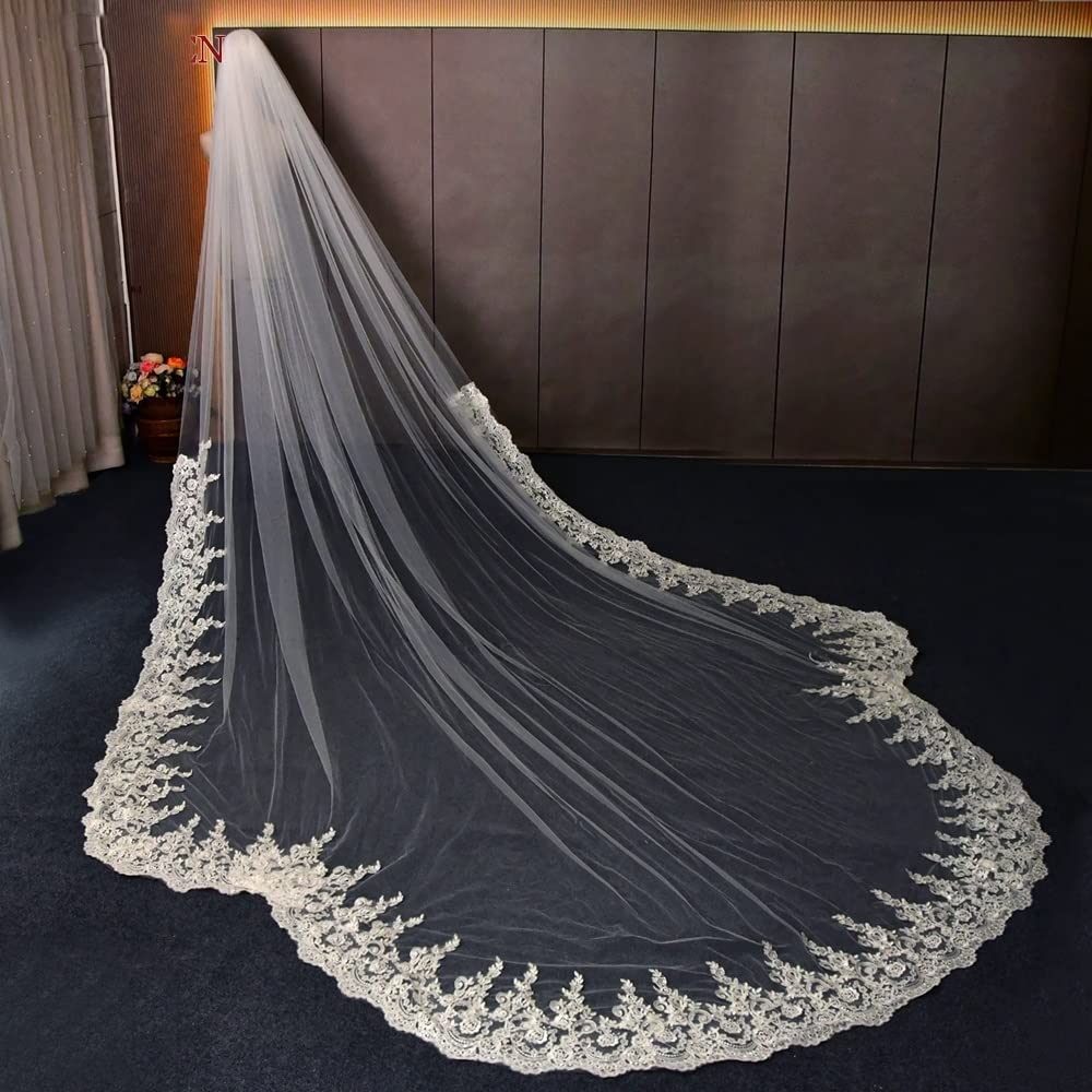 Boda Velo Largo de Novia, Velo de Novia de Catedral, 4 Metros, Mantilla española, Encaje, Tul Bordado, Accesorios de Novia (Color : White, Size : 400cm)