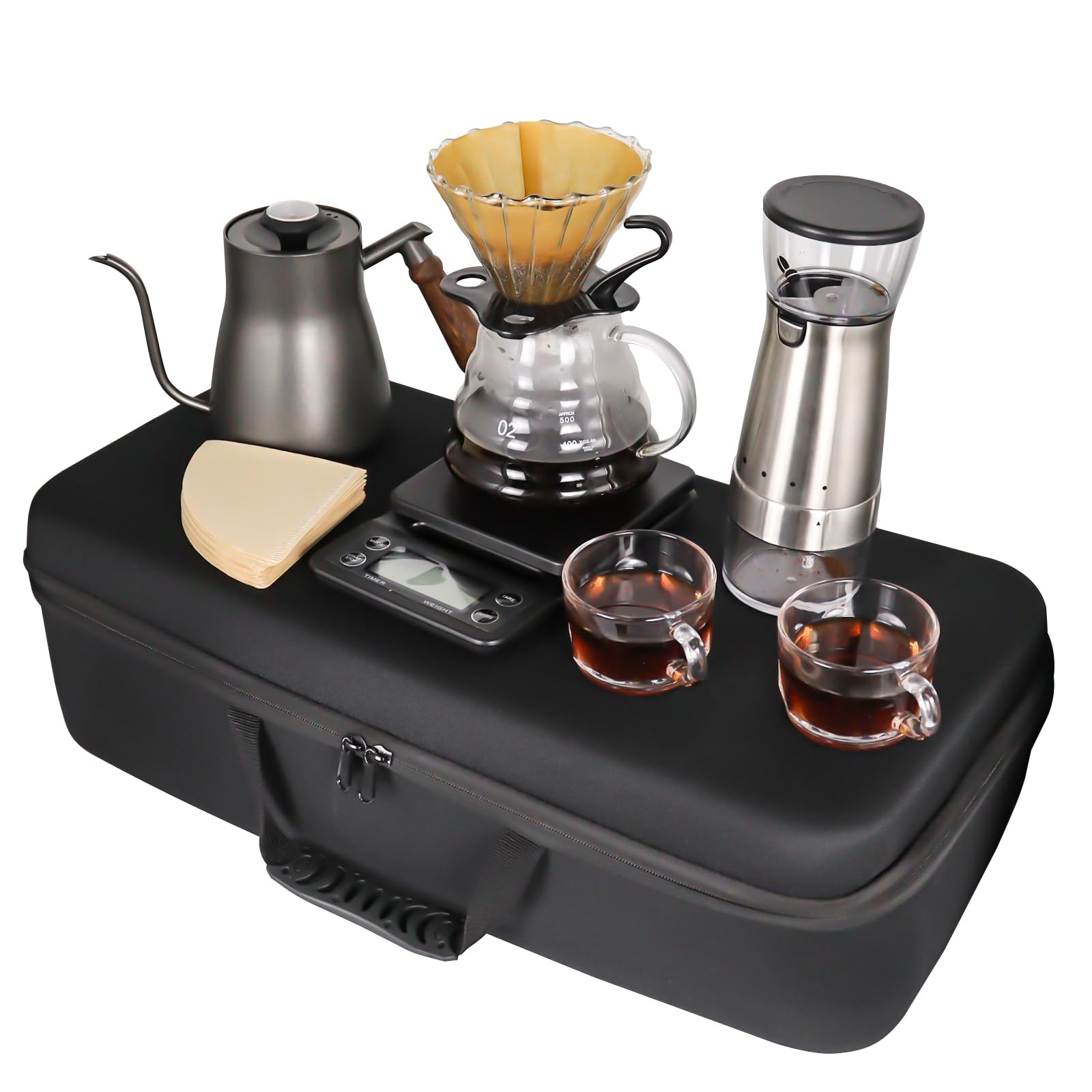 SOTECH Electric Coffee Maker Set with Electric Grinder Glass Dripper Server Steel Kettle Filter Paper Travel Bag for Outdoor Travel BBQ Picnic