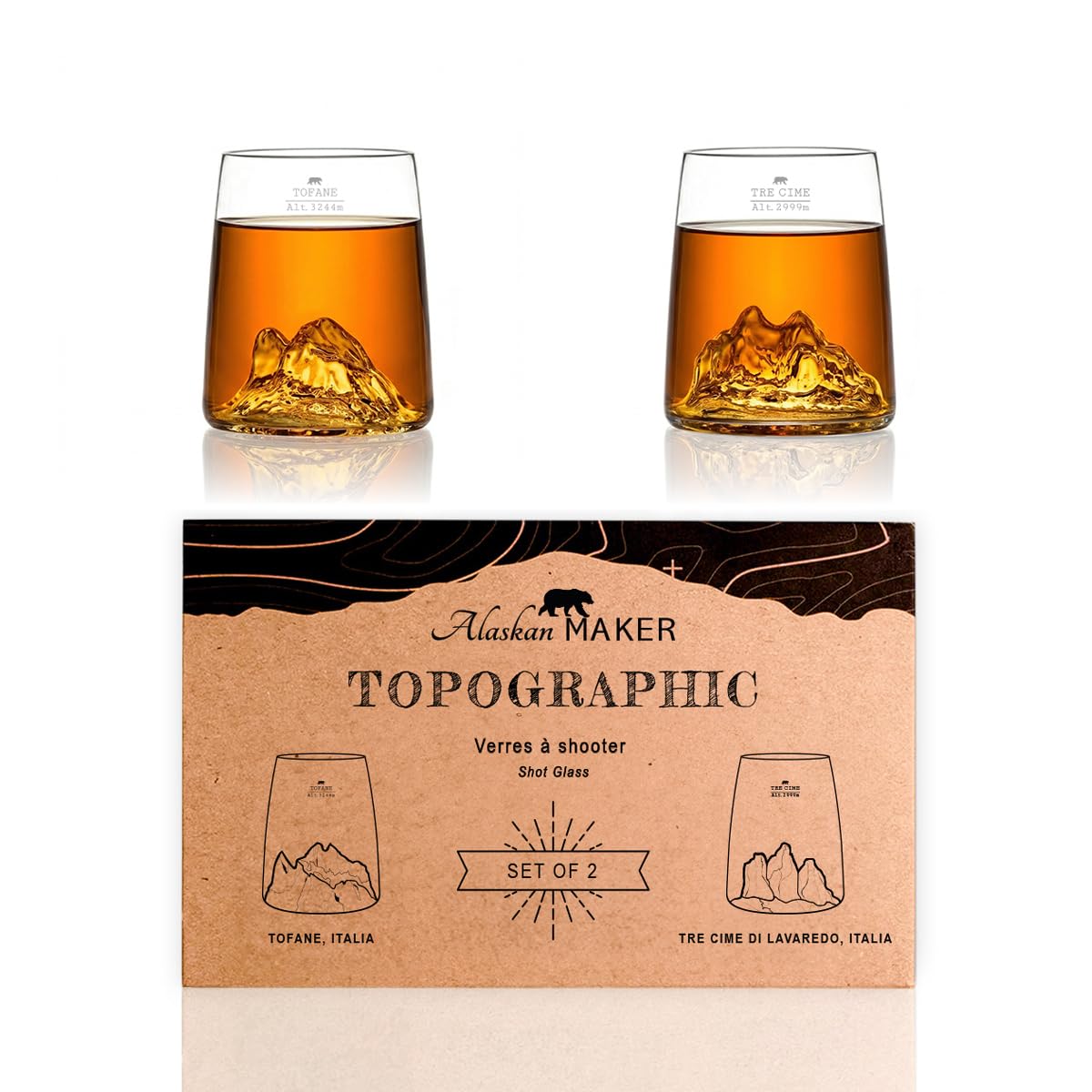 Alaskan MAKER Cofanetto di 2 sparatutto da 6,5 cl – Bicchieri in cristallo di alta qualità soffiati artigianalmente con le montagne in rilievo | Forma a tulipano | Topografico (Tofane & Tre Cime di