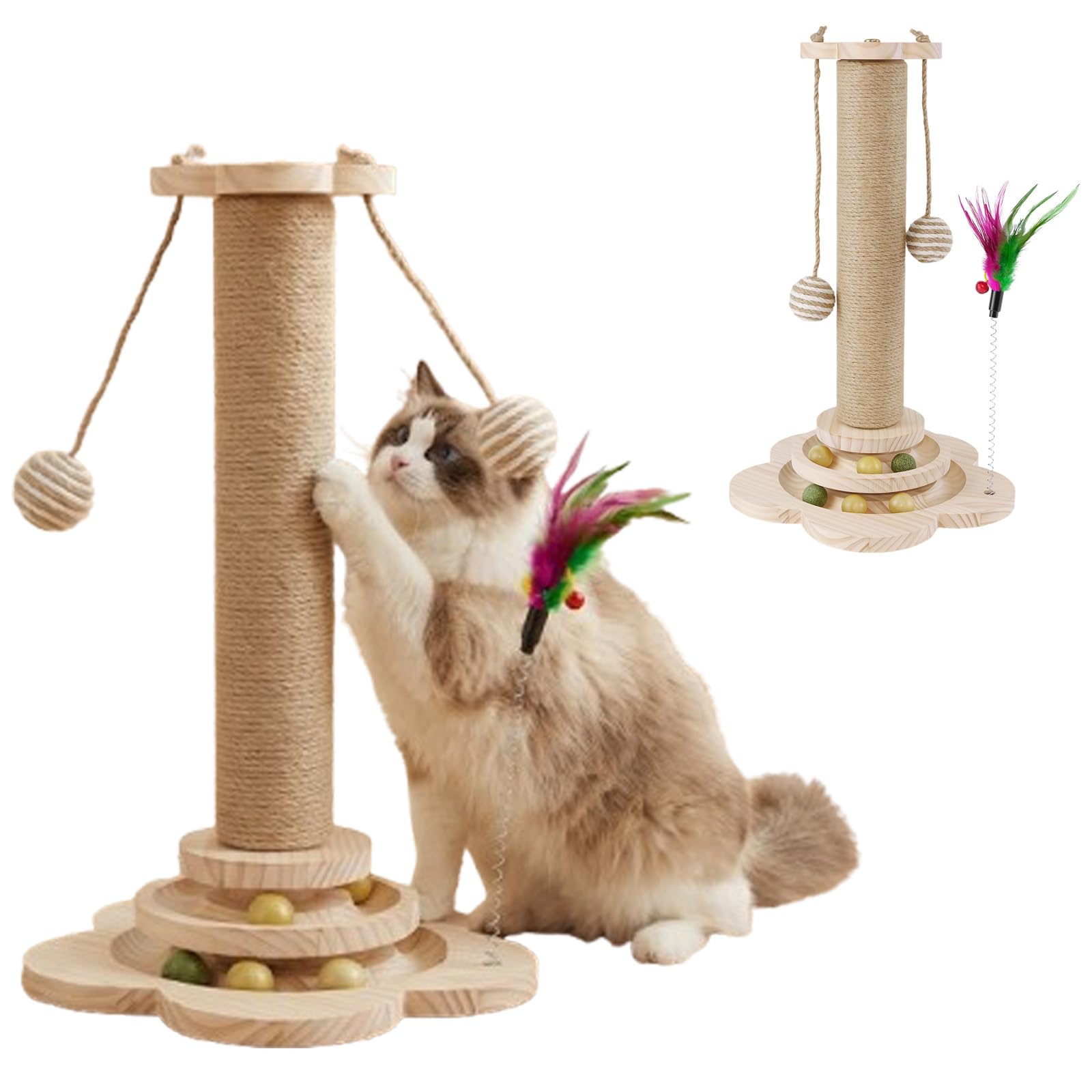 4-in-1 Multifunctional Cat Scratching Post with Natural Sisal, 46cm Sturdy Cat Scratch Post with Interactive Track Balls, Feathers & Catnip, 28CM Solid Wooden Base, Play Platform, for Indoor Kitten