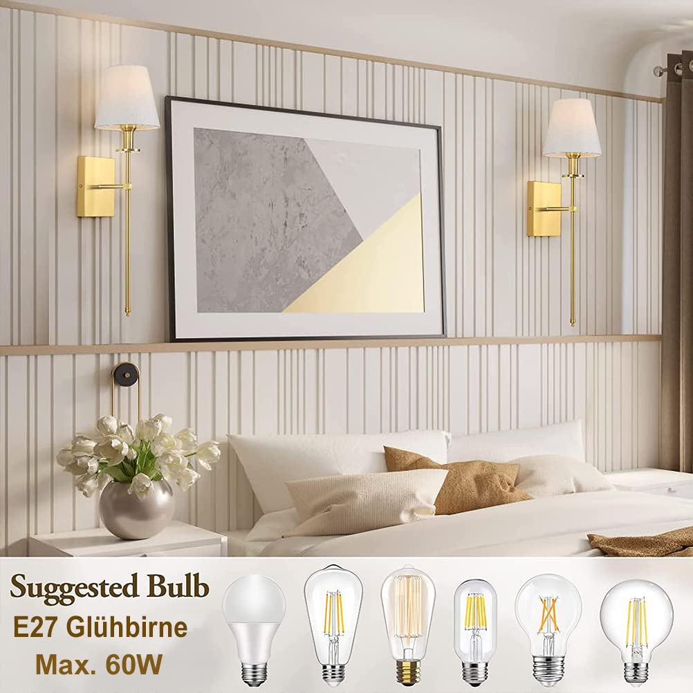 Apliques de Pared Moderna para Salón Dorado, Lámparas de Pared Interior en Metal y Textil Lámpara de Cabecera de Pared Lámpara de Espejo Baño Aplique Luz Baño E27 Aplique Pared con Pantalla de Tela