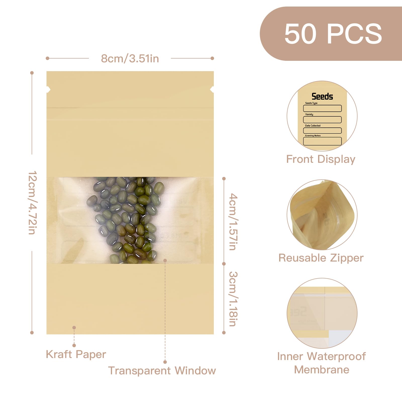 Carpeta organizadora de semillas con 50 sobres de semillas resellables, 50 bolsillos de almacenamiento, fundas transparentes de 3.5 x 5 pulgadas, ahorrador de semillas para los amantes del jardín