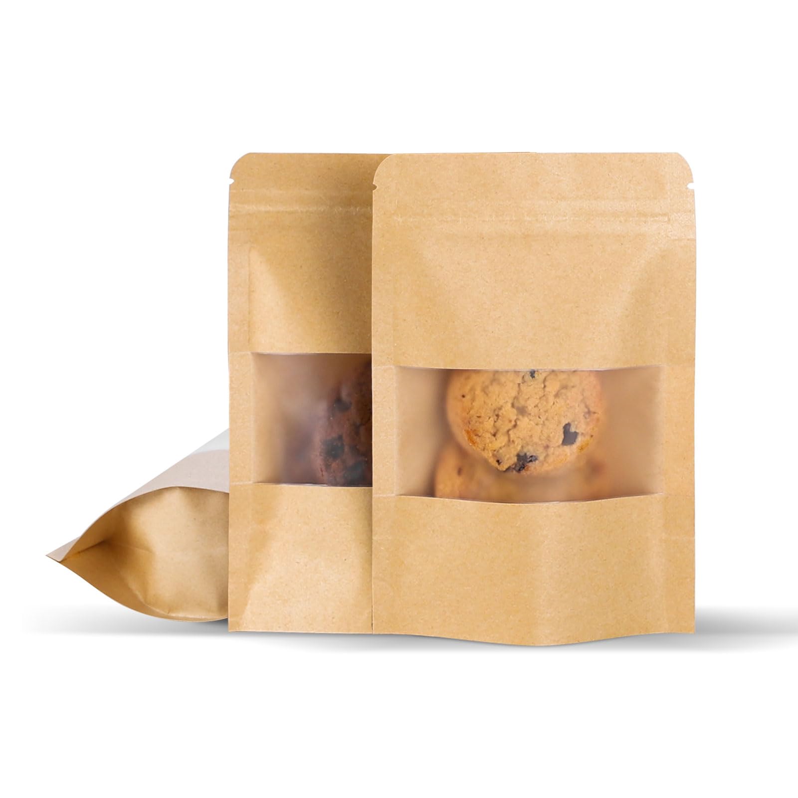 Photo 1 of 100 Pcs 4x6 Inch Kraft Paper Bags with Transparent Window, Stand Up Pouches,Smell Proof Bags,Resealable Bags for Small Business, Zipper Food Storage,for Packaging Snacks Cookies Candy
