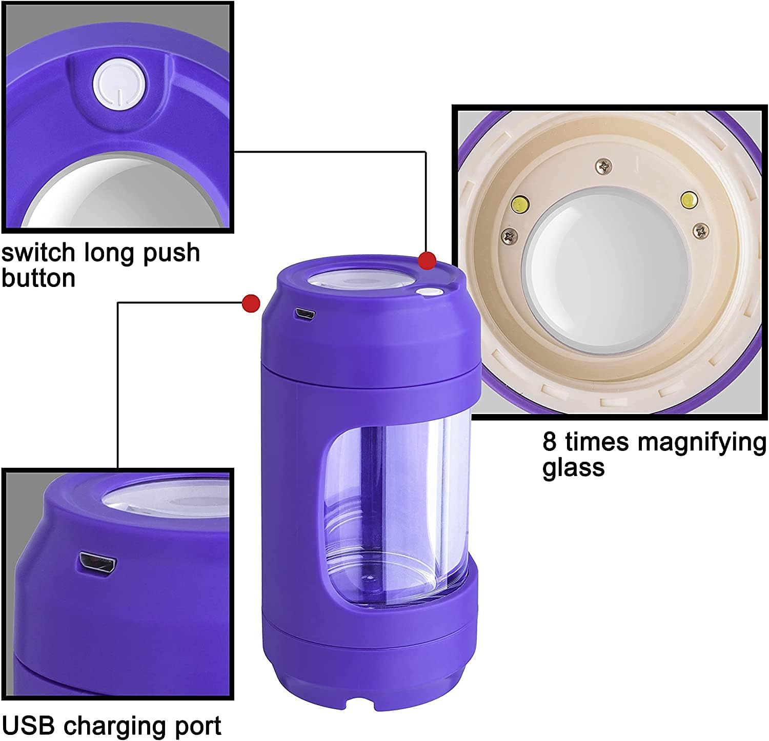 Light-Up LED Transparent Seal Storage Jar，Magnifying Viewing Glass Airtight Jar with Grinder ，8 x Magnification Glass (Purple)