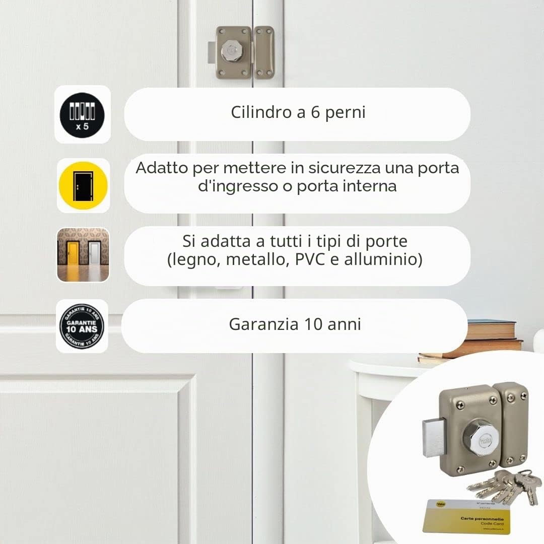 Yale Serratura per porta a bottoni, apertura a bottone interna, chiave esterna, diametro 23 mm, lunghezza 40 mm, 6 perni YV26BT-40, anti-grimaldello, foratura, trazione, 5 chiavi