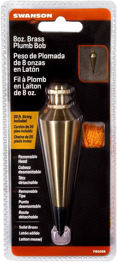 Swanson 8oz Solid Brass Plumb Bob with String, Hardened Steel Tip, PB008B