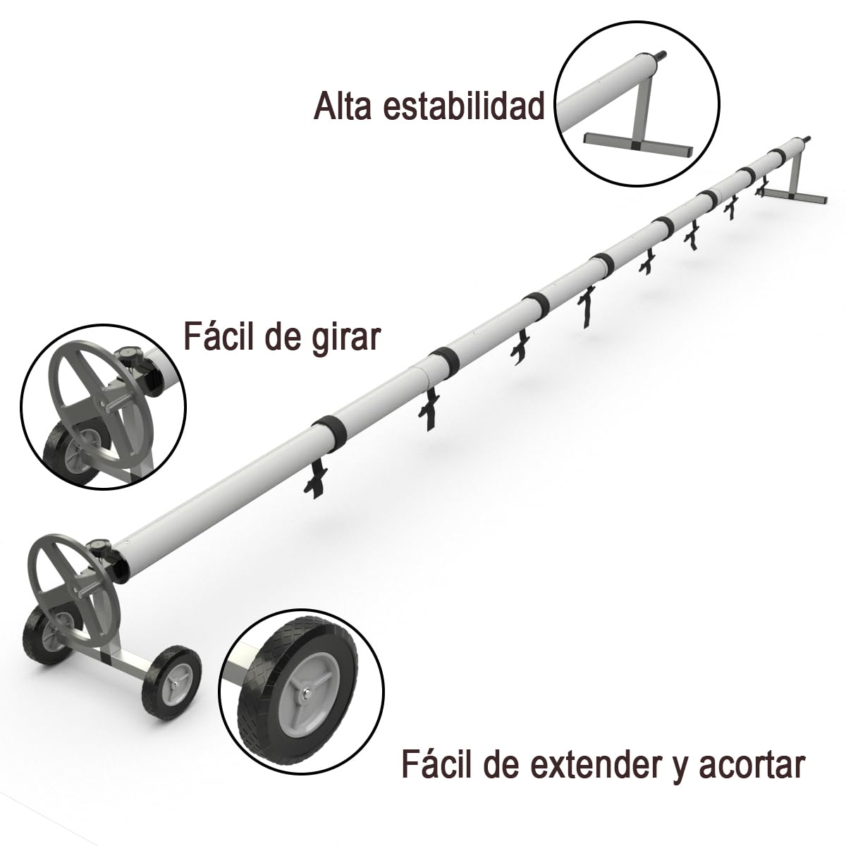 GOPLUS Enrollador de Cubierta de Piscina con 4,2-4,66 m Longitud Ajustable, Enrollador Lona Piscina de Acero Inoxidable con 8 Cintas de Fijación y Ruedas