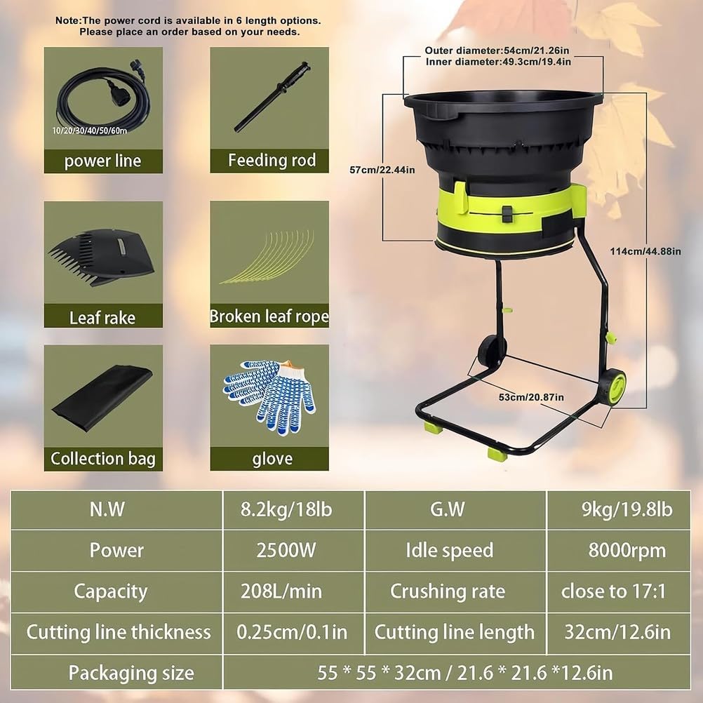 Trituradora eléctrica de hojas sin cuchillas, trituradora de 8000 RPM y trituradora de compost, con bolsa de recolección, para hojas, recortes de césped