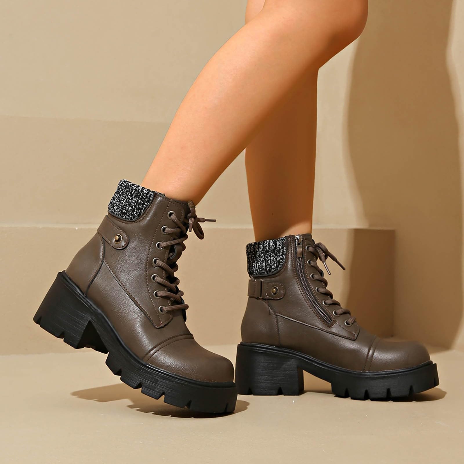 Genérico Botines Mujer Vestir con Cordones Plataforma Botas Punta Redonda Elegantes Zapatos Comodas Ligeros Caminar Bota Informales Antideslizantes Botin para Otoño Invierno Días Fríos y Uso Diario