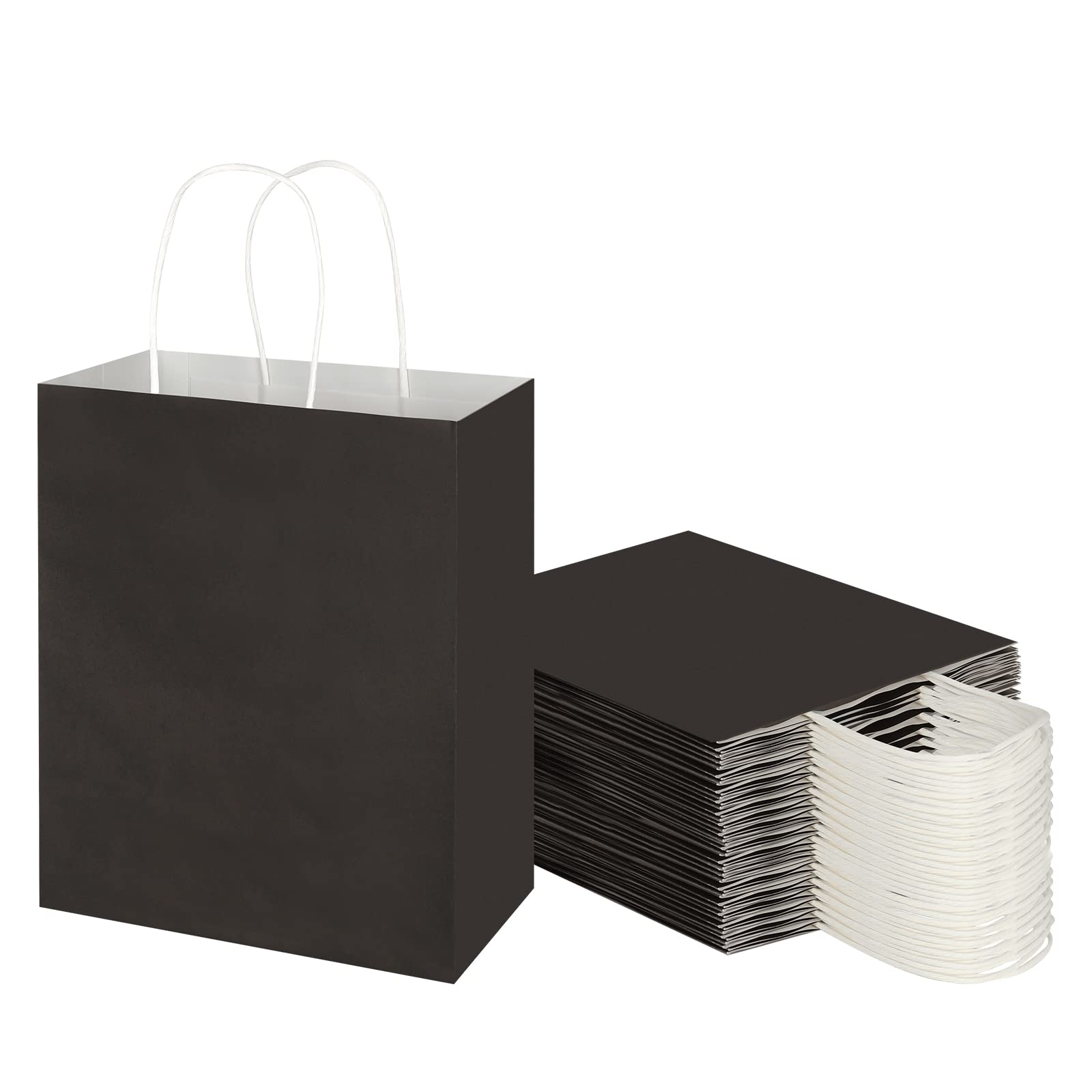 Toovip 50 Pack 8x4.75x10 Inch Medium Black Kraft Paper Bags with Handles Bulk, Gift Wrap Bags for Favor Grocery Retail Party Birthday Shopping