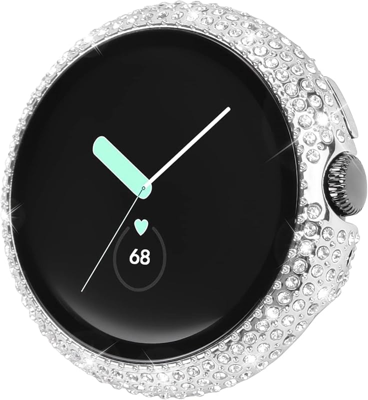 Compatible for Google Pixel Watch 3 41 mm/Pixel Watch 2/1 Case with Screen Protector, Bling Protective Face Cover Tempered Glass Bumper Diamond Rhinestone Thin Hard PC Plated Frame