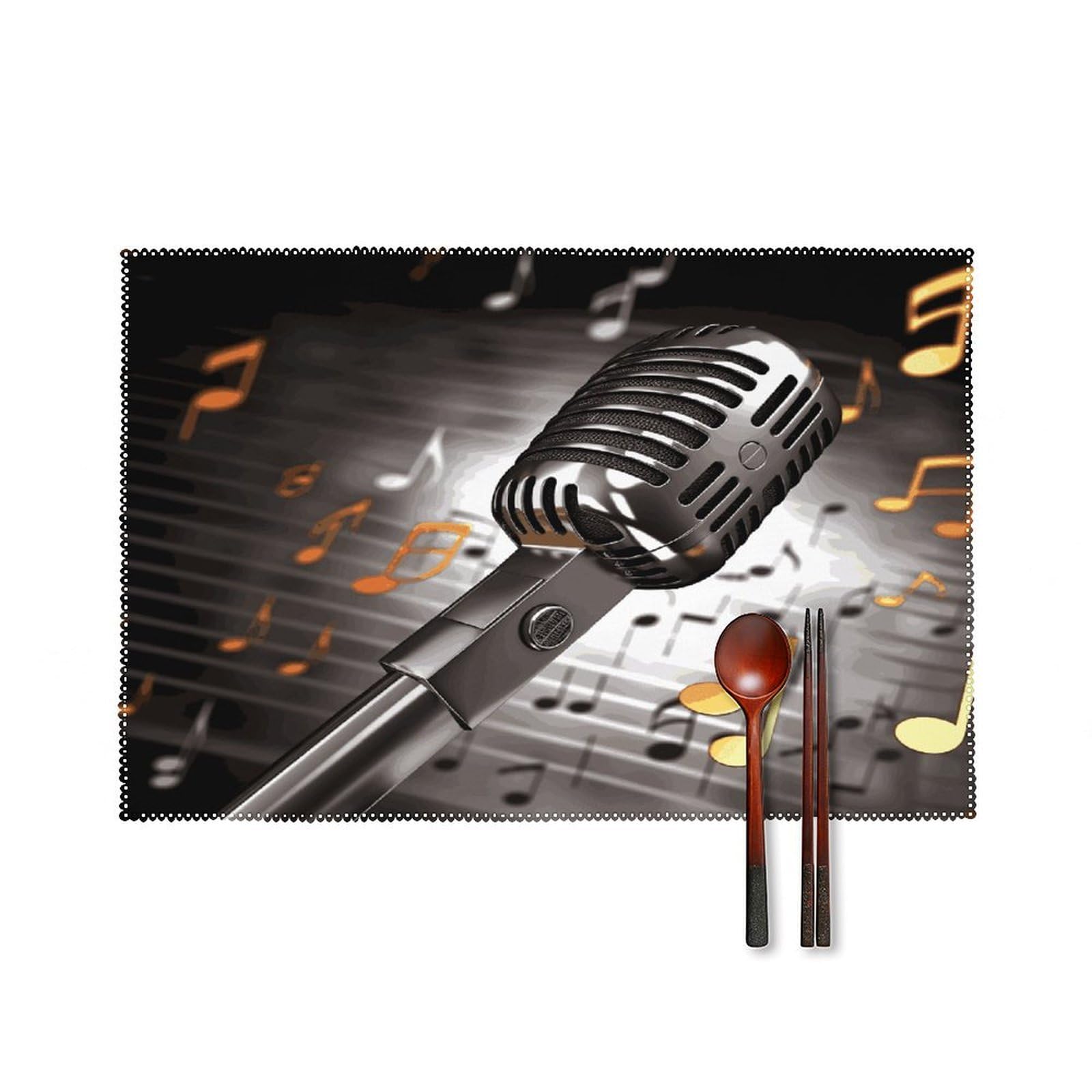 Microphone with Music Notes Placemats Set of 4 Canvas Place Mats Non-Slip Heat Resistant Table Mats Washable Waterproof Placemat Wipeable Tablemats for Kitchen Dining Decor Place Mat