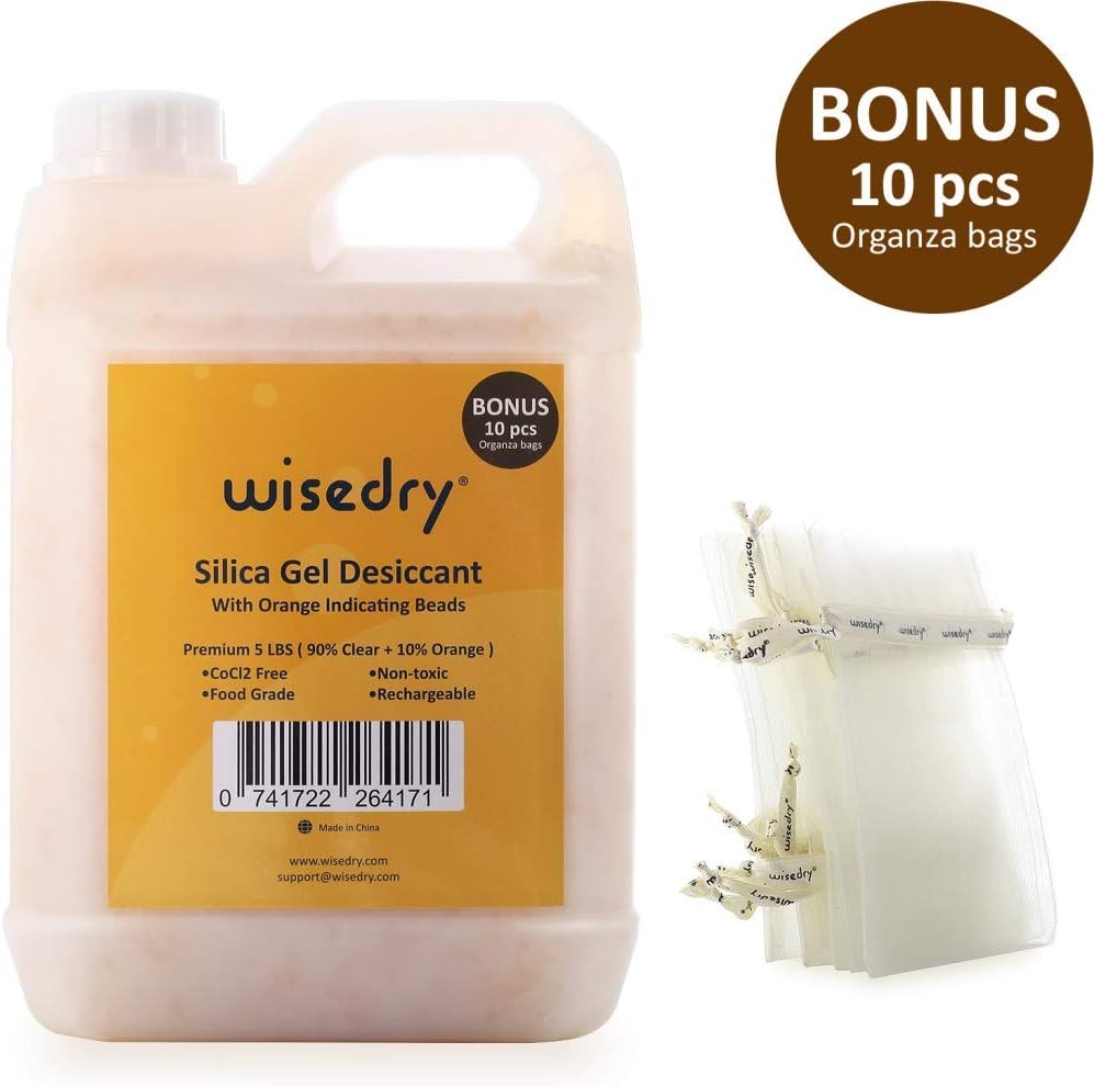 wisedry [ 5 LBS Silica Gel Beads Reusable Color Indicating Rechargeable Desiccant Bulk with 10 Pcs Organza Drawstring Bags : Industrial & Scientific