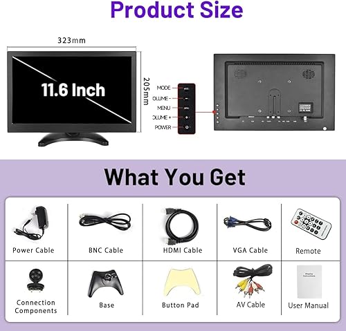 Miniatura 2 de Hikity Monitor HDMI pequeño de 11.6 pulgadas 1920 x 1080P Monitores CCTV portátiles con BNC, AVI, VGA, cable de entrada HDMI, control remoto,