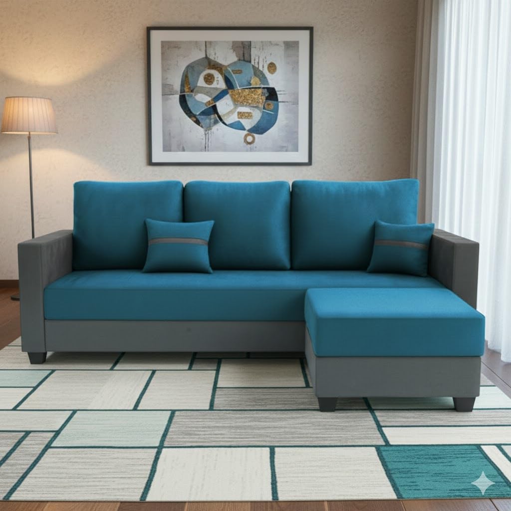 FURNY Aura 4 Seater L Shape Sofa Set with Movable Ottoman | Flexible Left or Right Layout | Plush Velvet Fabric (Aqua Blue-Dark Grey) | Perfect for Living Room, Guest Room & Office