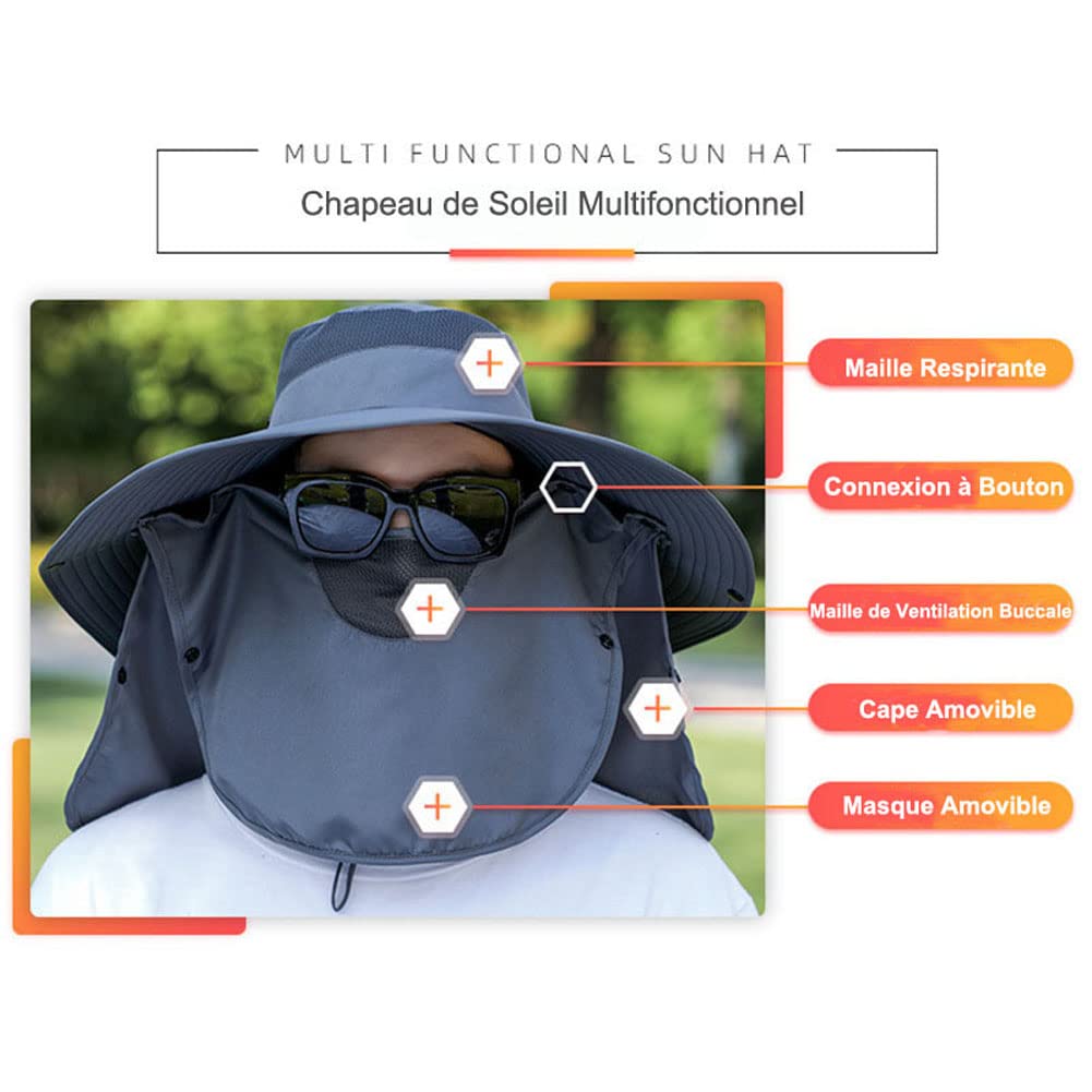 Femme Casquette de Safari Extérieur Détachable Chapeau de Protection Solaire Camping Pêche Cyclisme Protection Cou Visage Nuque Casquette Visière Respirant Chapeau de Soleil Jardinage UPF50 Anti-UV