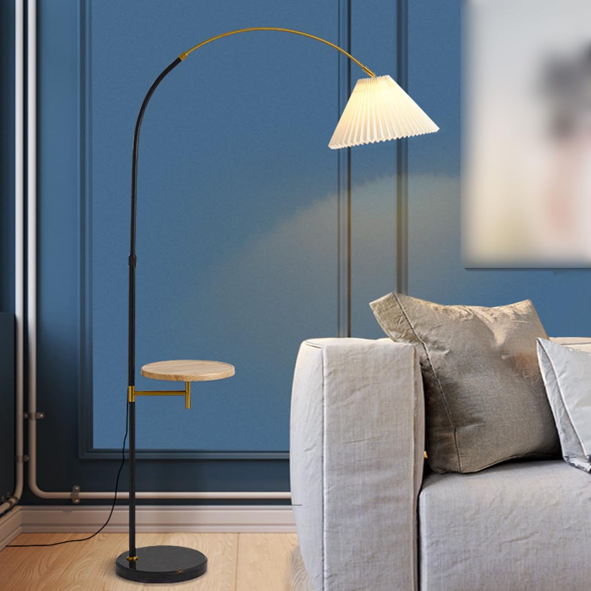 HGJHJJHK Gold Floor Lamp Sofa Side Arc Floor Lamps Pleated Linen Shade Tall Light with Tray Nordic Creativity Iron Pole Lamp Corner Reading Vertical Light Marble Base for Home Office