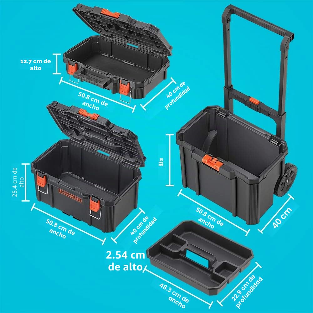 beyond Sistema de almacenamiento apilable BLACK+DECKER BLACK+DECKER BDST60500APB - Juego de 3 piezas (caja de herramientas pequeña, profunda y bolsa rodante)