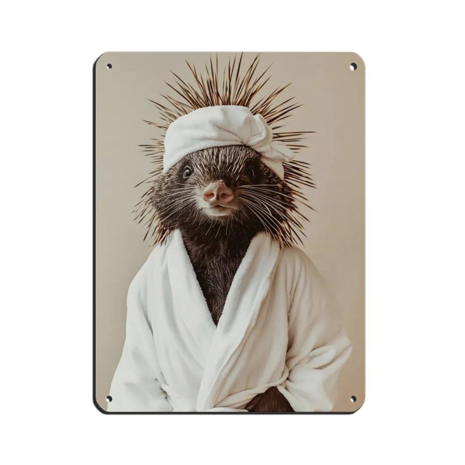 Porcupine Wearing A Bathrobe, Bathroom Art Tin Sign Vintage Metal Pub Club Cafe Bar Home Wall Art Decoration Poster Retro 12x16inch(30x40cm)