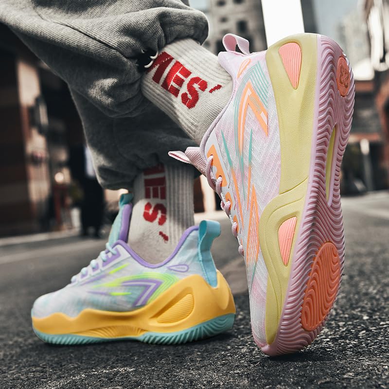 Bacury Basketball Shoes for Women and Men, Comfortable Lightweight Sports Outdoor Fashion Sneakers PinkGreen Size 12 Multicolor