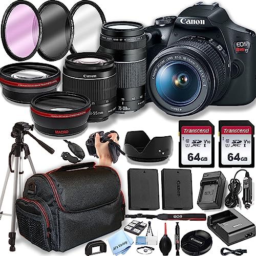 Canon EOS Rebel T7 w/EF-S 18-55mm F/3.5-5.6 Zoom Lens + 75-300mm F/4-5.6 III Lens + 128GB Memory,Case, Tripod, Spare Battery - Professional DSLR Camera Photo Accesory Bundle, Black (Renewed)