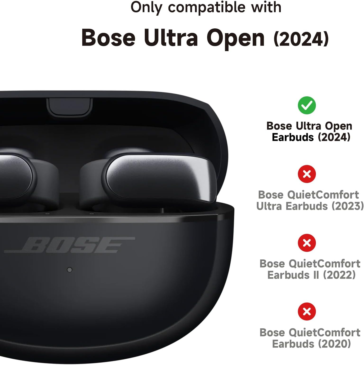 SURITCH Clear Case Compatible with New Bose Ultra Open Earbuds (2024), Durable Full-body Shockproof TPU Protective Case with Carabiner & Key Ring & Transparent Logo Window(Black)