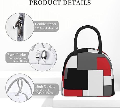Miniatura 5 de Bolsa de almuerzo geométrica roja, blanca, negra, gris, grande, patrón geométrico, reutilizable, contenedor para mujeres, hombres, escuela, oficina,
