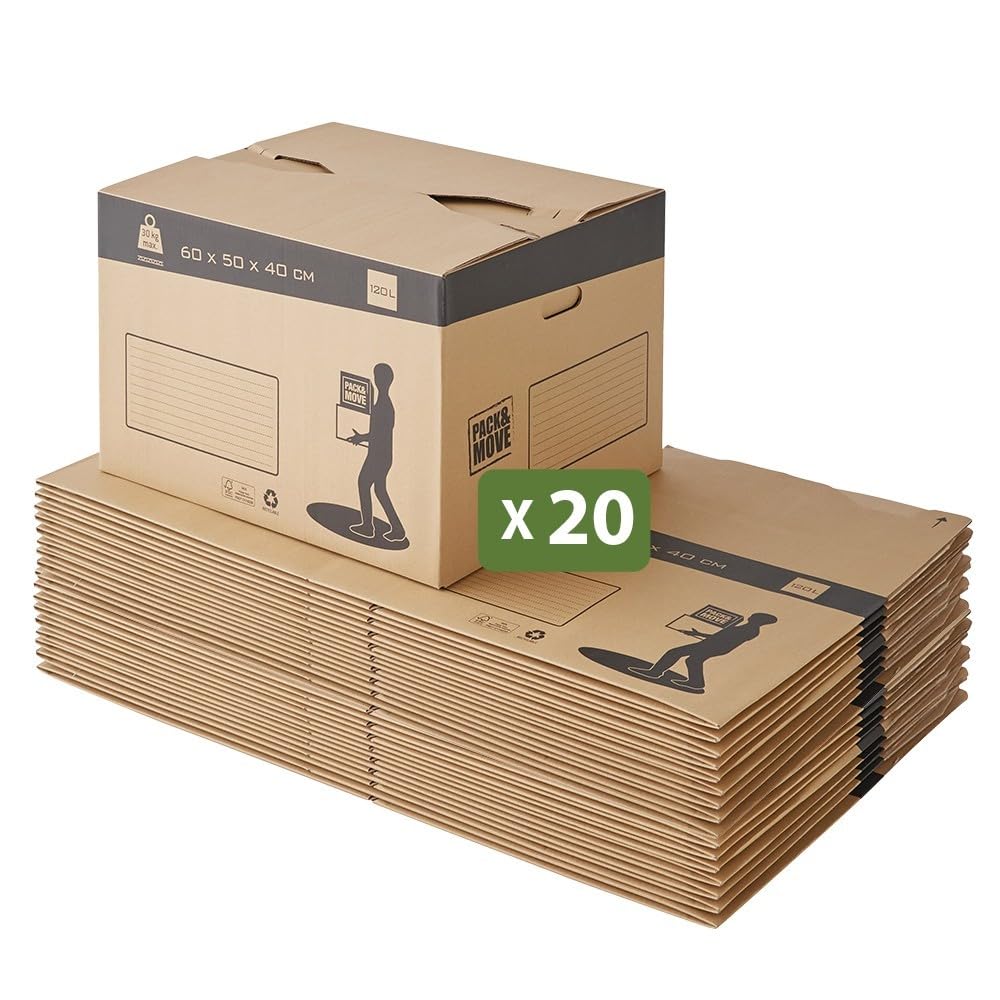 Pack de cajas de cartón para mudanza con fondo automático - 60x50x40cm - Charge max 30KG / 120L - certificados FSC 70% - Pack and Move (20)