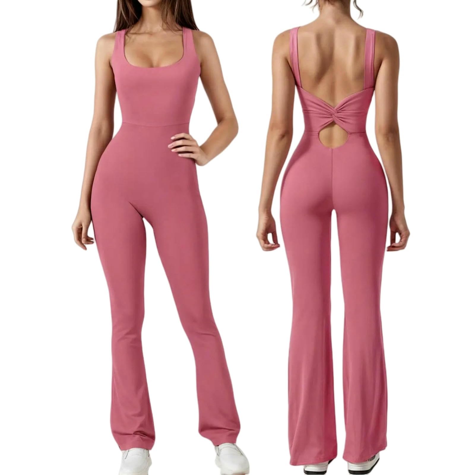 bielizna modelująca damski kombinezon treningowy rozkloszowany bez pleców joga kombinezon Scrunch Butt Jednoczęściowe body legginsy z odkrytymi plecami siłownia-różowy - S