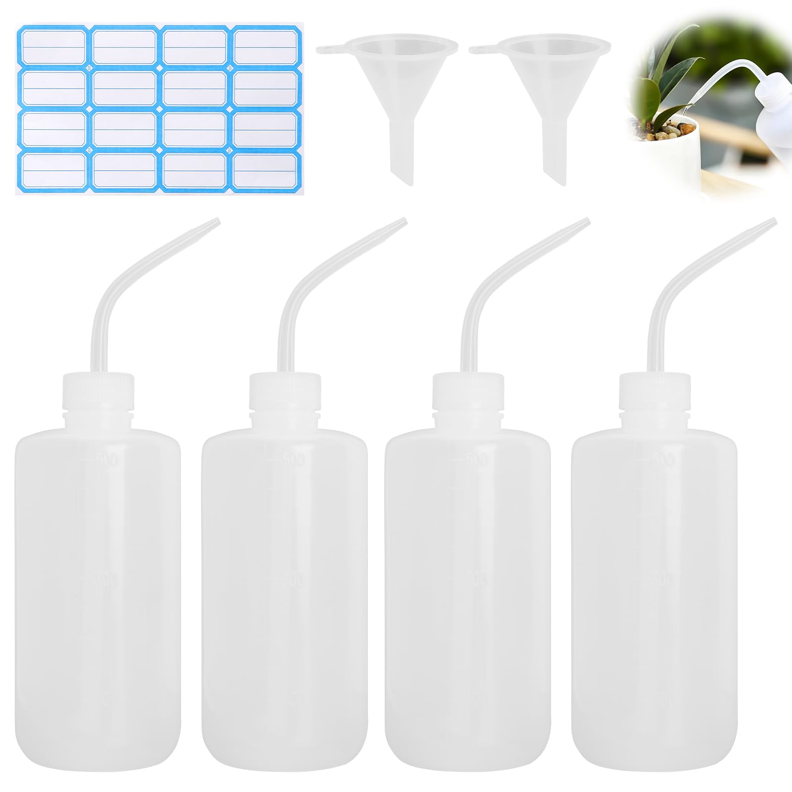 Spritzflasche 500ml Set 4 Stück – Dosierflasche HDPE mit gebogenem Ausguss, Squeeze Bottle mit Trichter und Etiketten, Laborflasche Auslaufsicher für Küche Auto Reinigung DIY
