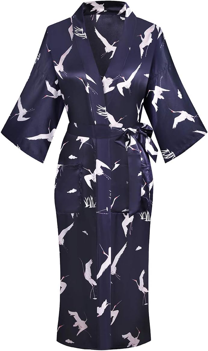 DandyChic Women's Long Floral Satin Robes Imitation Silk Sleepwear Bridal Dressing Gown for Bridesmaid Nightgown