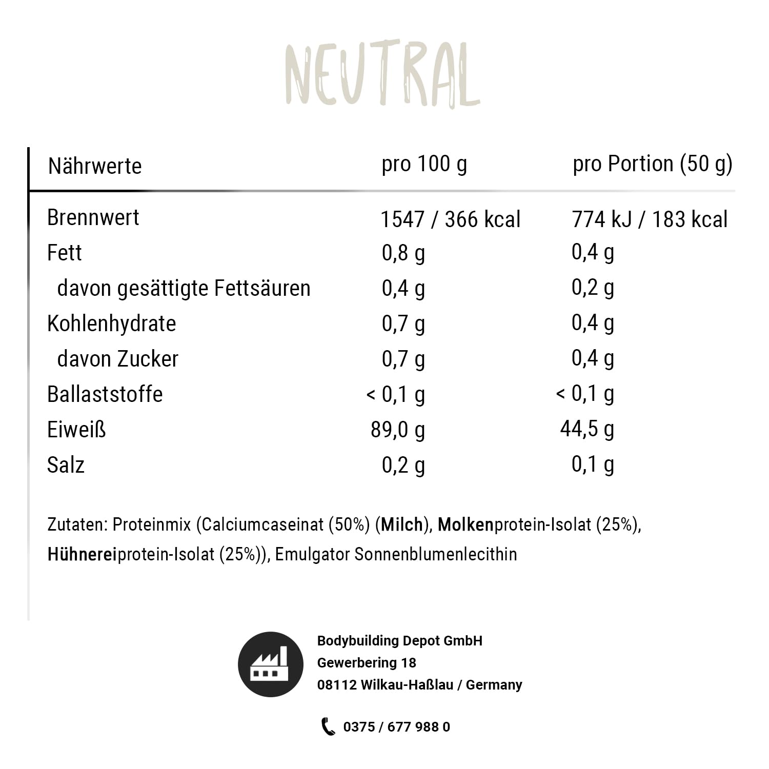 Bodybuilding Depot® Professional Mehrkomponenten Protein Pulver, 89% Proteingehalt, hohe biologische Wertigkeit, 1kg (Neutral)