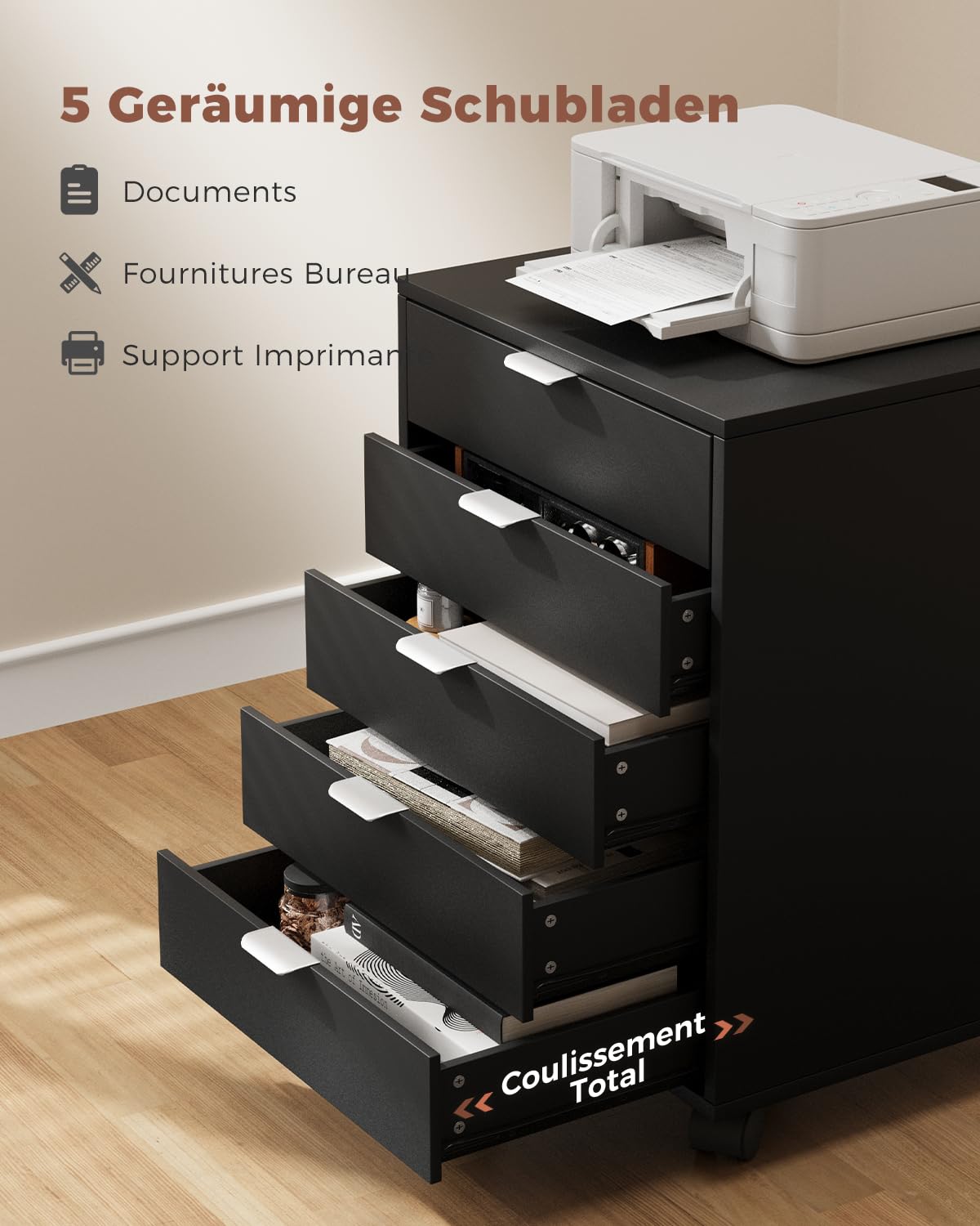 ELUCHANG Caisson de Bureau à Roulettes, Meuble de Rangement, avec 5 Tiroirs, pour Bureau, Télétravail, Blanc, Noir