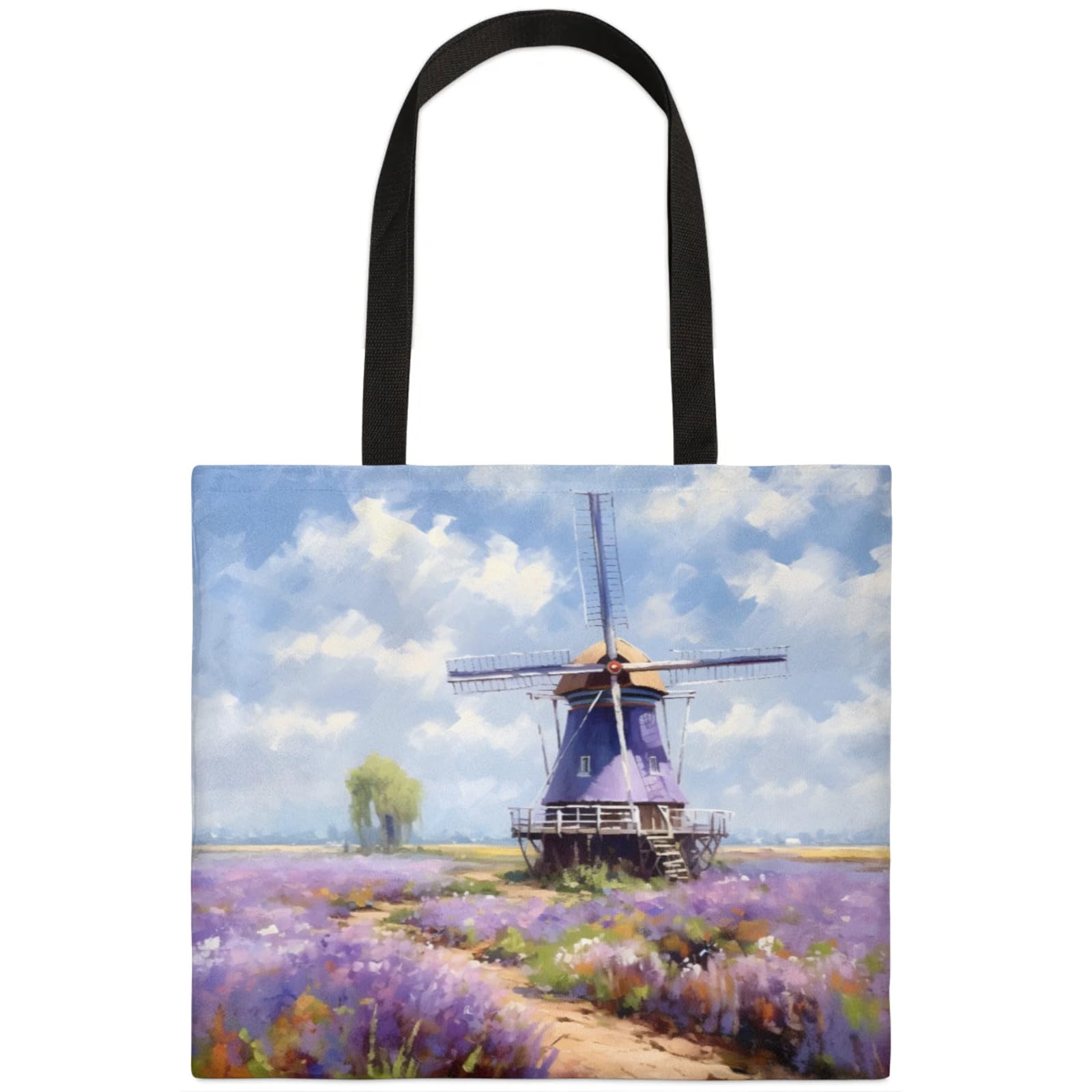 Mularoka Watercolor Windmill Flower Field Square Canvas Tote Bag Top Handle Purses Stylish Women Canvas Shoulder Tote Bags Reusable Handbags for Work Travel Picnic Beach Shopping Gym Hiking