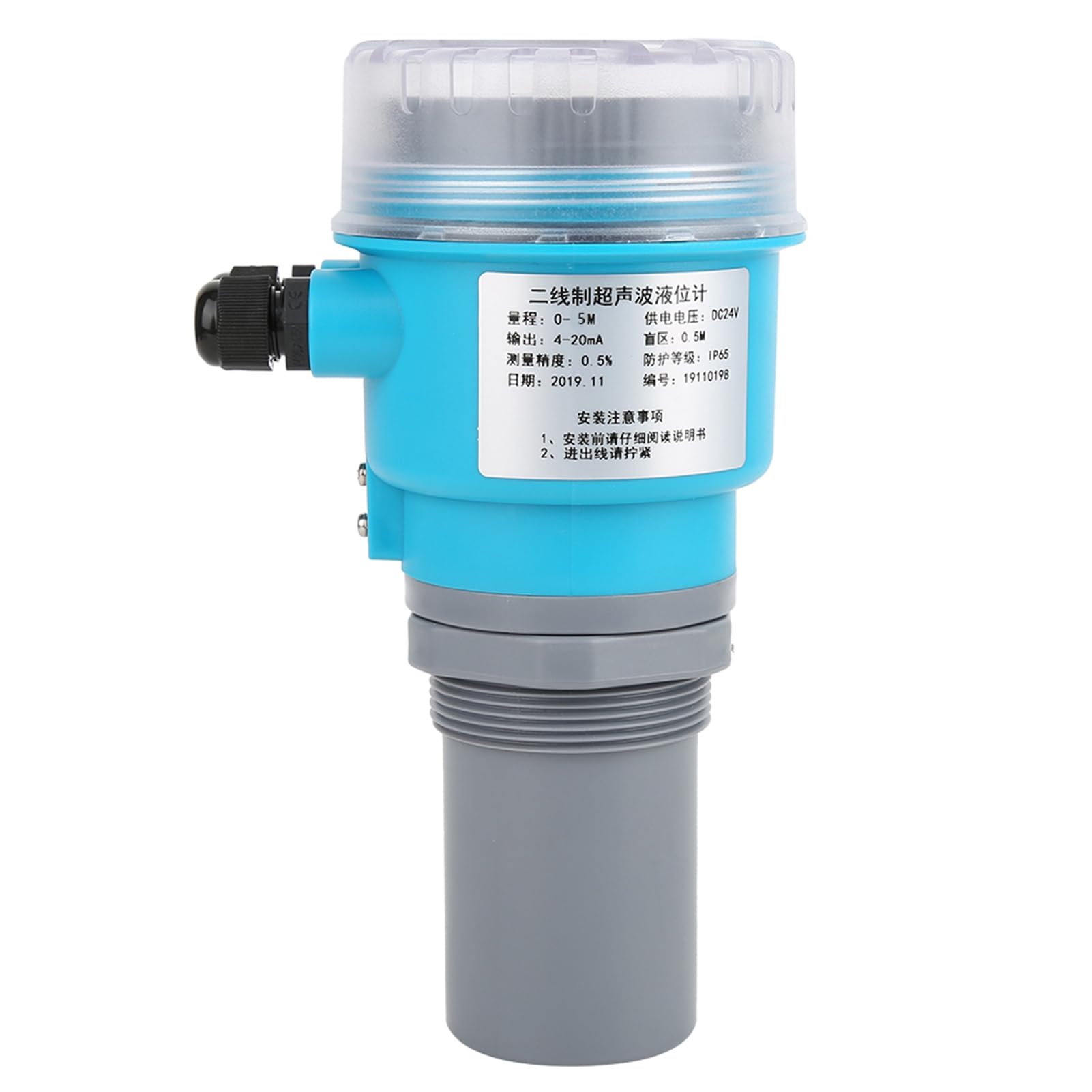 ViaGasaFamido Medidor de Nivel Ultrasónico, Pantalla LED Digital con Producción Analógica de 4-20 MA a Prueba de Agua IP65, para la Minería de Tratamiento de Agua DC24V Potencia (0 ~ 5 Metros)