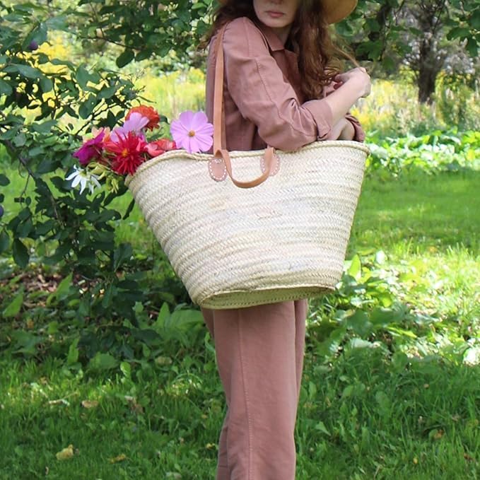 Bolso de mimbre francés con asas dobles de cuero plano miniatura 6