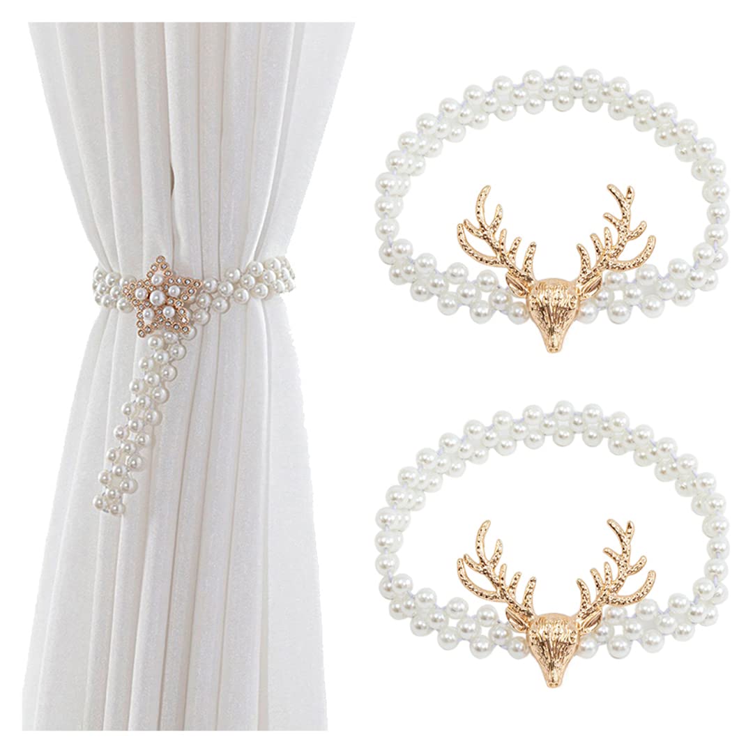 Vorhang-Halterungen, 2 PCS Perlenkette Vorhang Raffhalter Hirschkopf Schmetterling Sonnenblume Schnalle Vorhanghalter Vorhänge Holdbacks Vorhang Raffhalter Sonnenblume(Golden Deer Head)