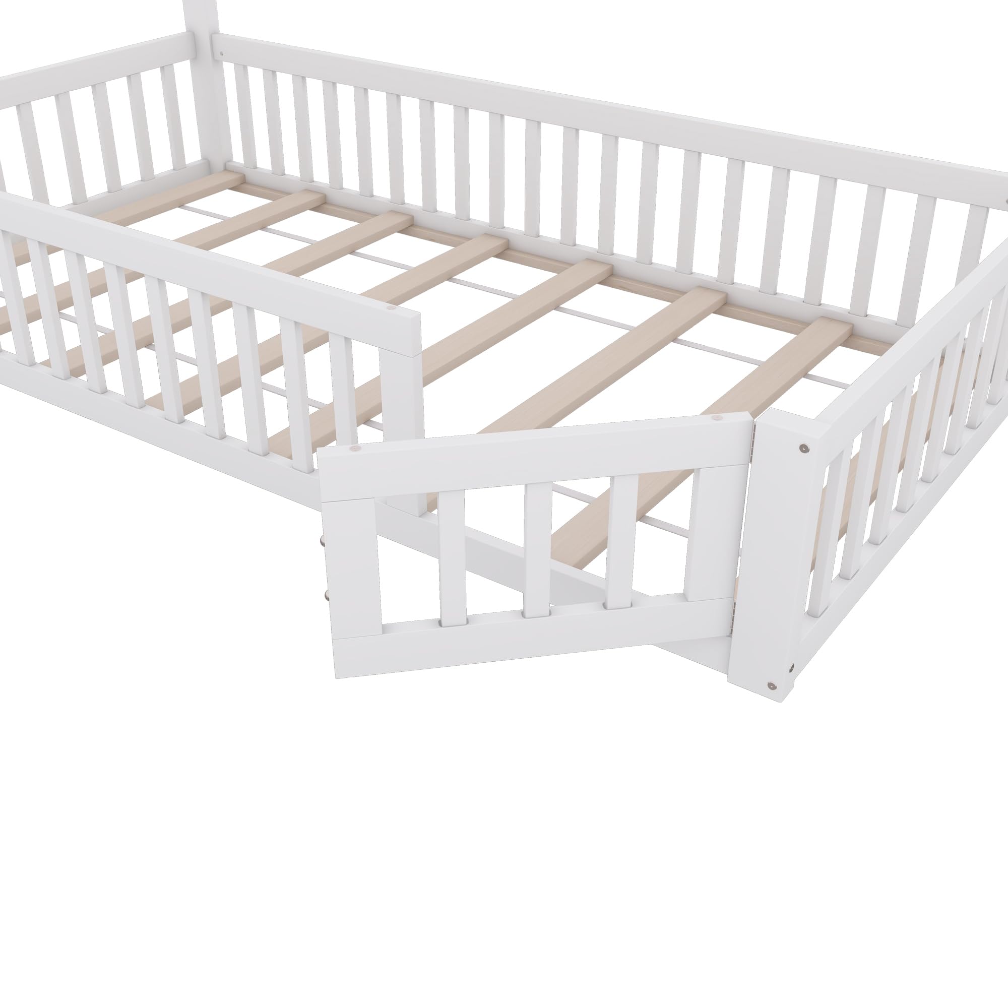 Merax Kinderbett Bodenbett 90x200 cm Hausbett mit Rausfallschutz & Lattenrost, Schornsteinform, öffnbarem Zaun - Montessori Bett, Jugendbett, Holz Bettgestell(ohne Matratze), Weiß