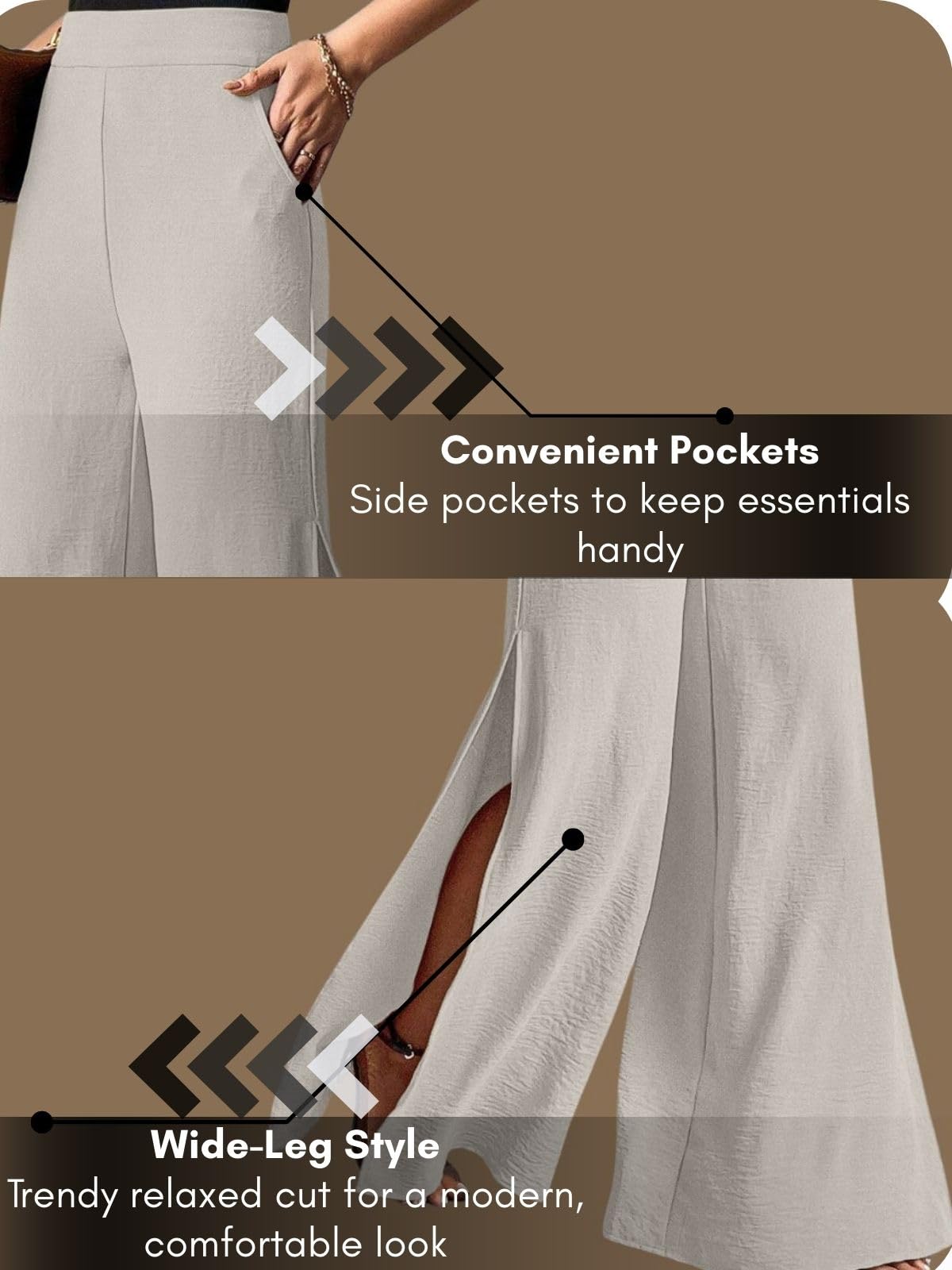 GRECIILOOKS Palazzo - Pantalones casuales de verano para mujer, cintura alta, pierna ancha, abertura lateral, pantalones elegantes para viajes, playa, ajuste holgado