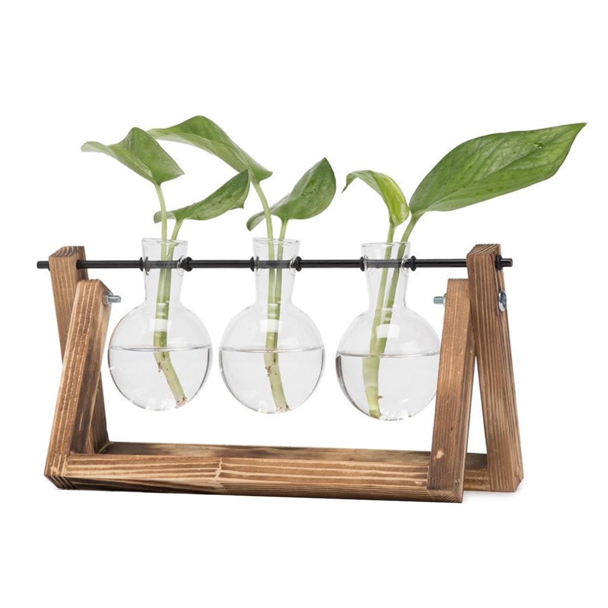Enwye Propagation Station with Vintage Wooden Stand and Metal Rotating Rod for Hydroponics Plants Desktop Glass Planter Bulb Vase Brown
