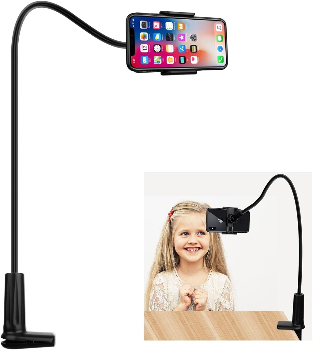 FUTESJ Flexible Gooseneck Cell Phone Stand Holder, Adjustable Long Lazy Arm Clip Clamp Phone Mount iPhone 6 6s 7 8 X Plus 5 5s 5c charging, Accessories Desk Bed-Black
