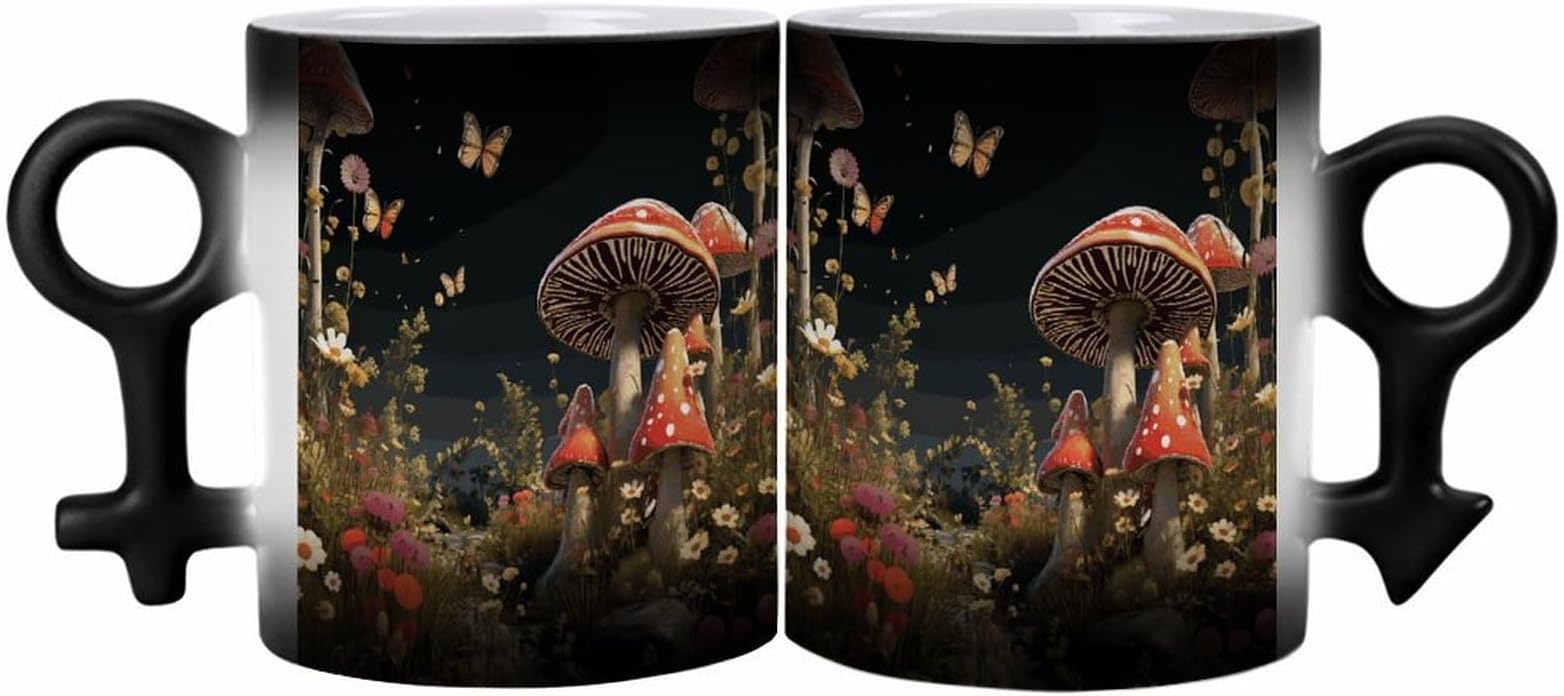 2 Pack Color Changing Fairy Tale Style Mushrooms Mug Couples Symbol Discoloration Cup Heat Sensitive Coffee Mugs Personalized Ceramic Coffee Cups Tazas Magicas Para Sublimacion 11.6 Oz