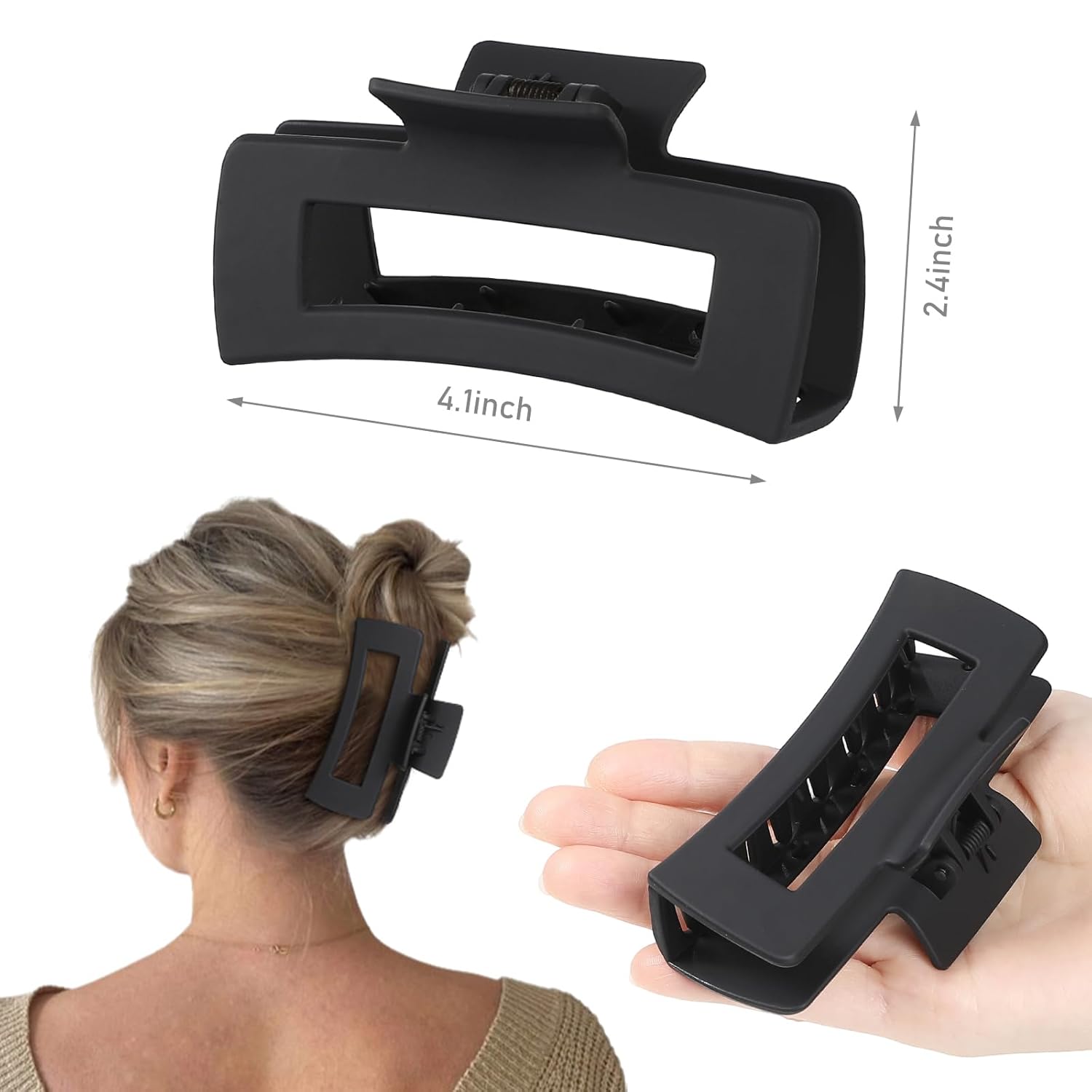 4.1 Inch Large Hair Claw Clips 8 Pcs Rectangle Big Hair Clips for Thick Hair Nonslip Claw Acrylic Banana Jaw Clips Hair Accessories for Women and Girls (Black) - Image 2