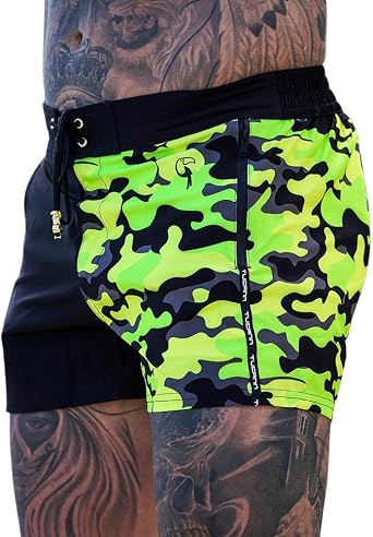 Despite their name, our Split Camo swim shorts aren t going to help you blend in Featuring an attractive and vibrant half half print, these bad boys definitely deserve a place in your beachwear closet. Full of style and comfort, we have upgraded our drawstrings with luxe gold hardware and a raised rubber Tucann logo to give a lavish look and feel Our trendy Split Camo SwimShorts encompass all of the features the perfect pair of shorts should have; 4 way stretch flexibility, quick drying material, built in trunks and sand proof zip pockets so you can leave the sand at the beach where it belongs You won t ever have to worry about feeling uncomfortable again. Along with the luxuriously soft swimwear material, these swim shorts also contain built-in briefs to ensure a comfortable fit with no surprises Additional thoughtful touches include a technical waistband that has elastic at the back and a drawstring closure at the front, while still maintaining an aesthetic look So ready for a getaway We can bet you ll take these cool swim shorts wherever you go
