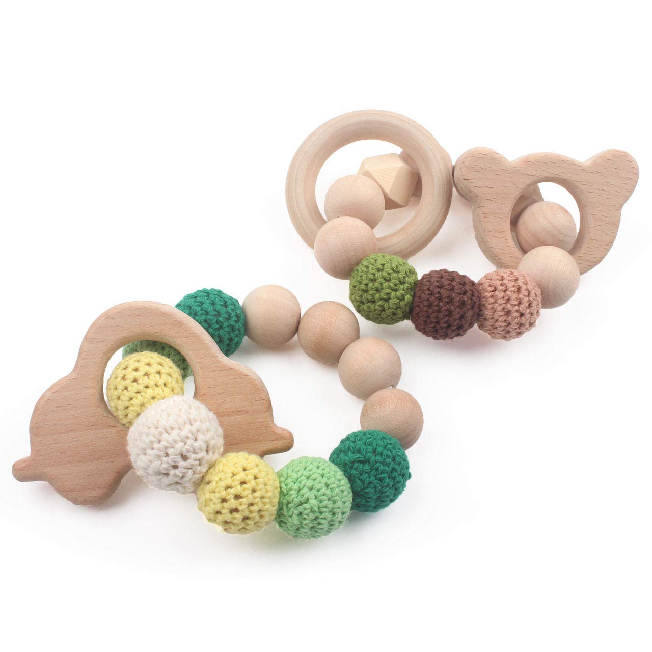 Wooden Teether Wood Teething Bracelet 2 PCS Car and Bear Safe and Natural for Baby Bite Toys Eco-Friendly Soother Jewelry