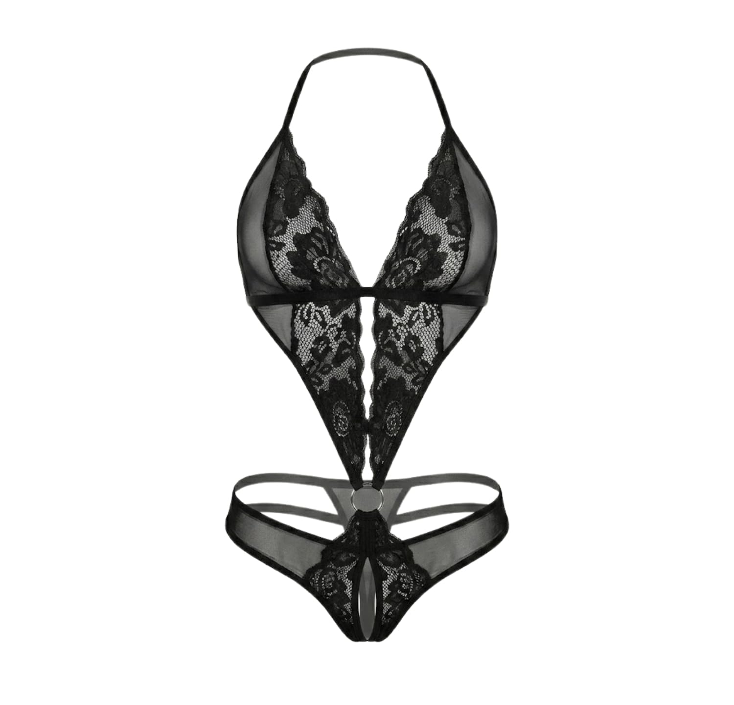 Women Lace Teddy Lingerie Bodysuit | Halter Neck Deep V One Piece with Ring Detail | Sheer Mesh Cut Out | Adjustable Strap Nightwear Bridal Honeymoon Sleepwear Romantic Lingerie (Free size)-image-45
