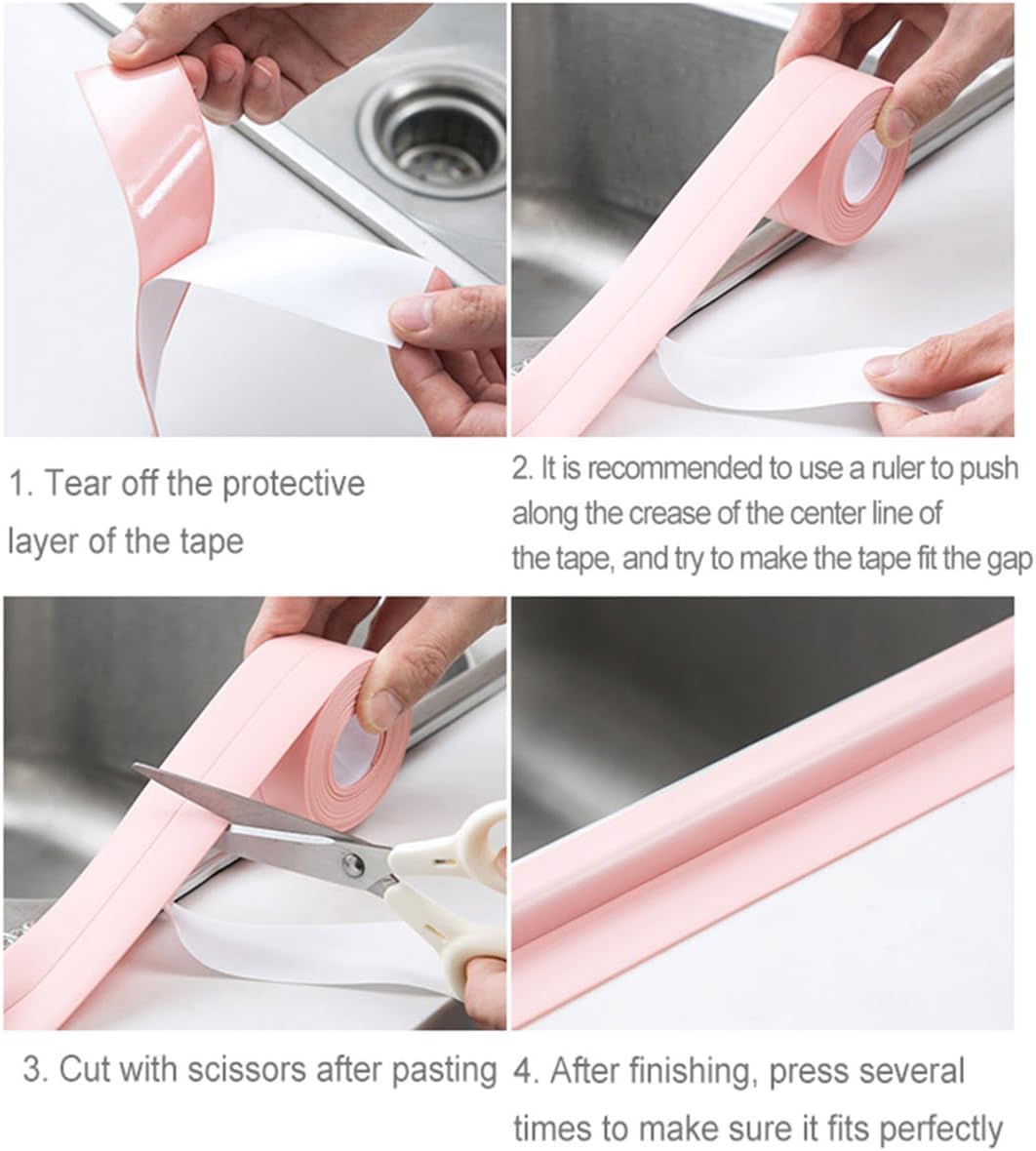 Queenbox 1.5x126in Caulk Tape Sealant Strip, PVC Self Adhesive Sealing Tape for Tub Floor Wall Edge Protector, Pink
