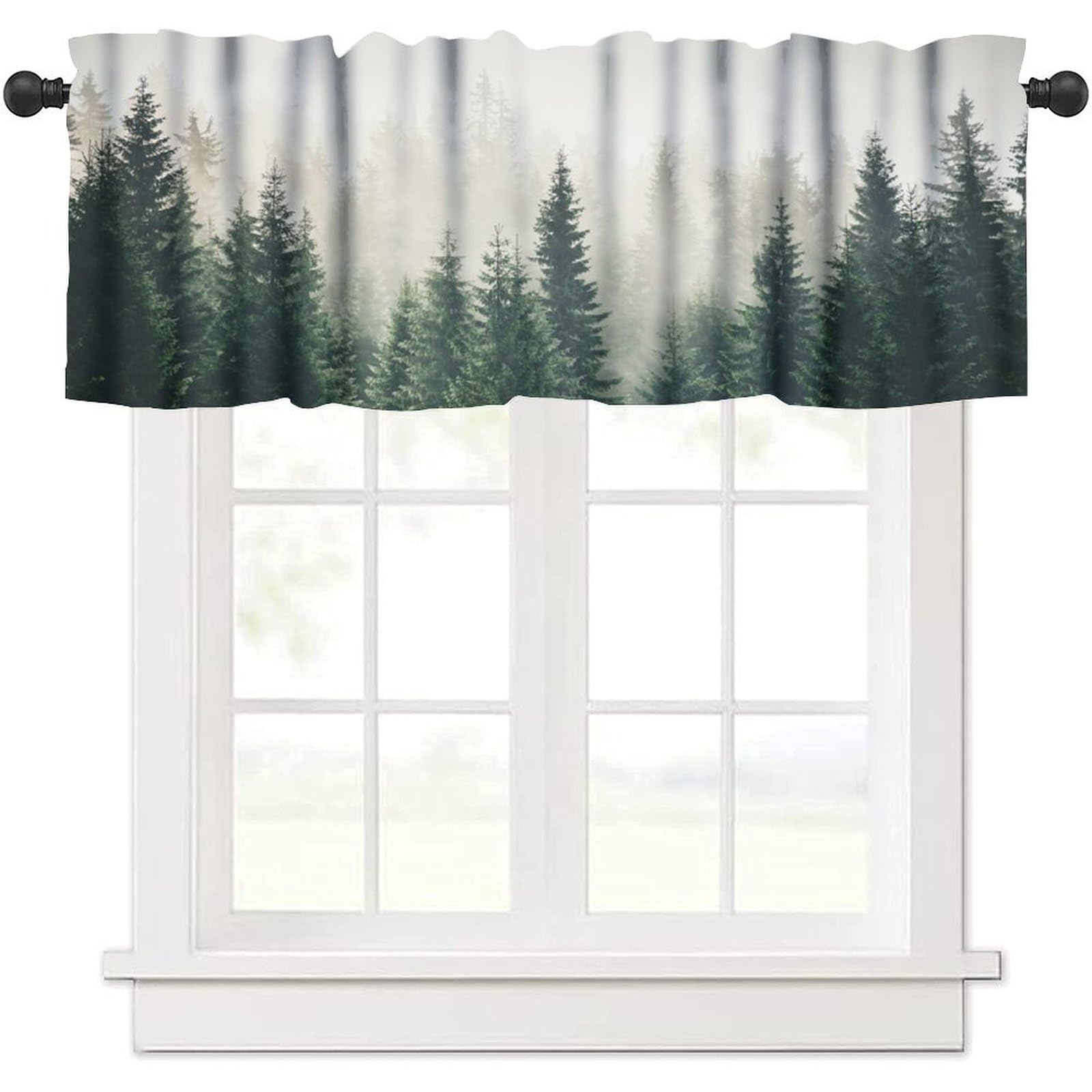 TFOSO Nature Forest Valance Curtains,Misty Green Mountain Print Short Drapes for Kitchen Cafe Farmhouse Rod Pocket Window Treatment 1 Panels Set 54" W