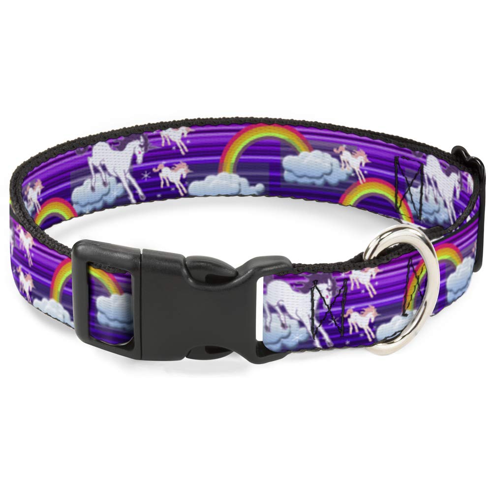 Buckle-Down Plastic Clip Collar - Unicorns/Rainbows w/Stripes Purple - 1/2" Wide - Fits 9-15" Neck - Large